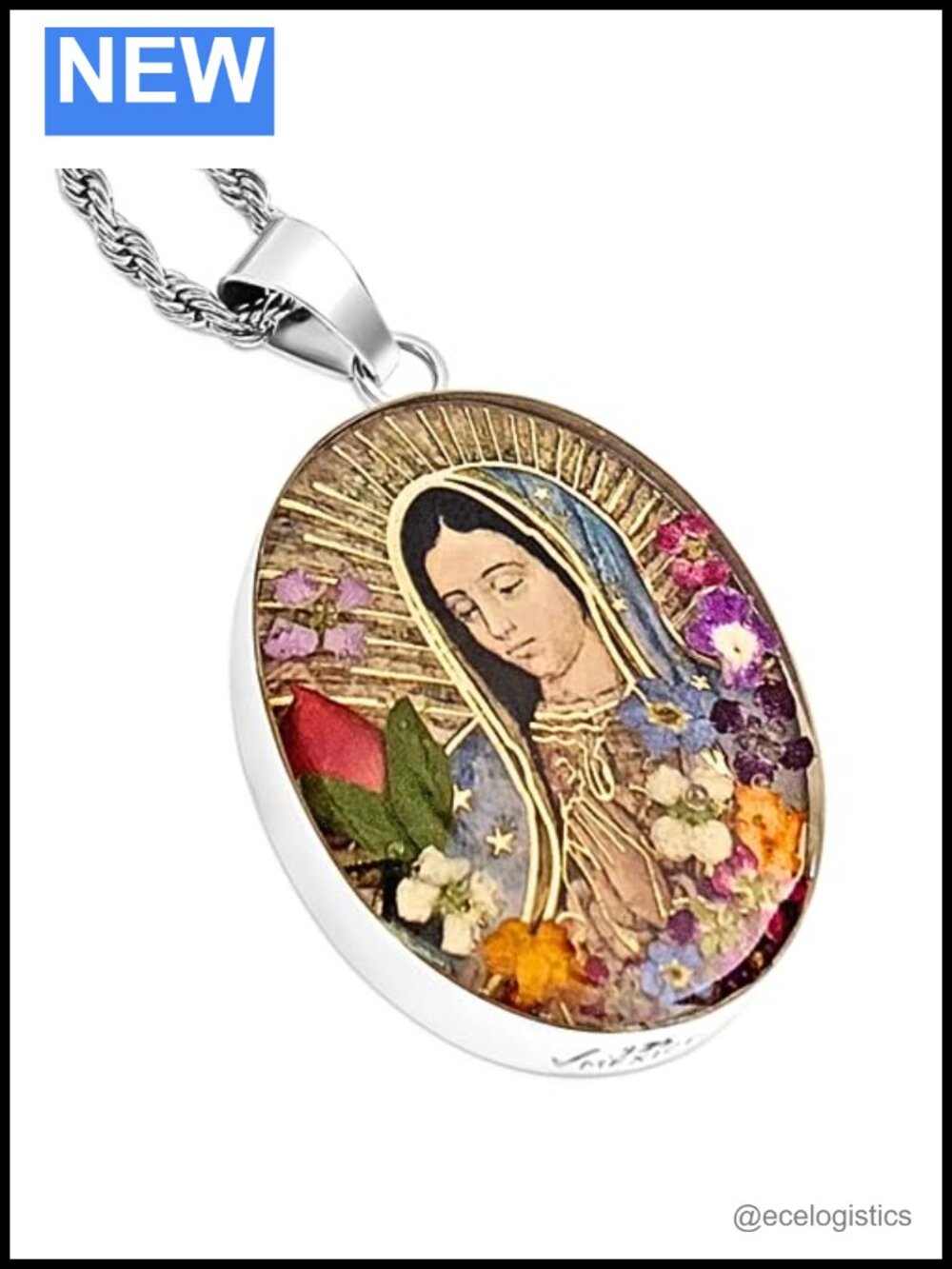 925 Sterling Silver Virgin Mary Green Necklace 20" Stainless Steel